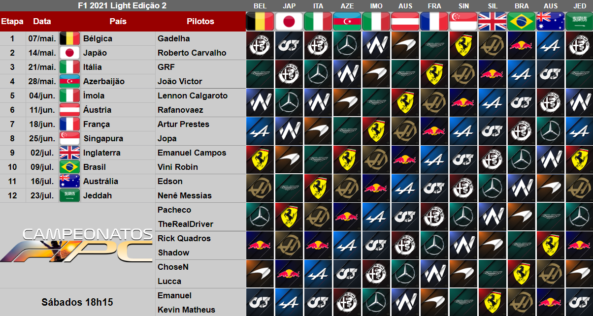 Calendário F1 2021 Edição 2 Light Campeonatos F1 PC